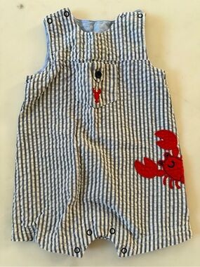 Little Me Blue and White Striped Romper with Red Crab Detail